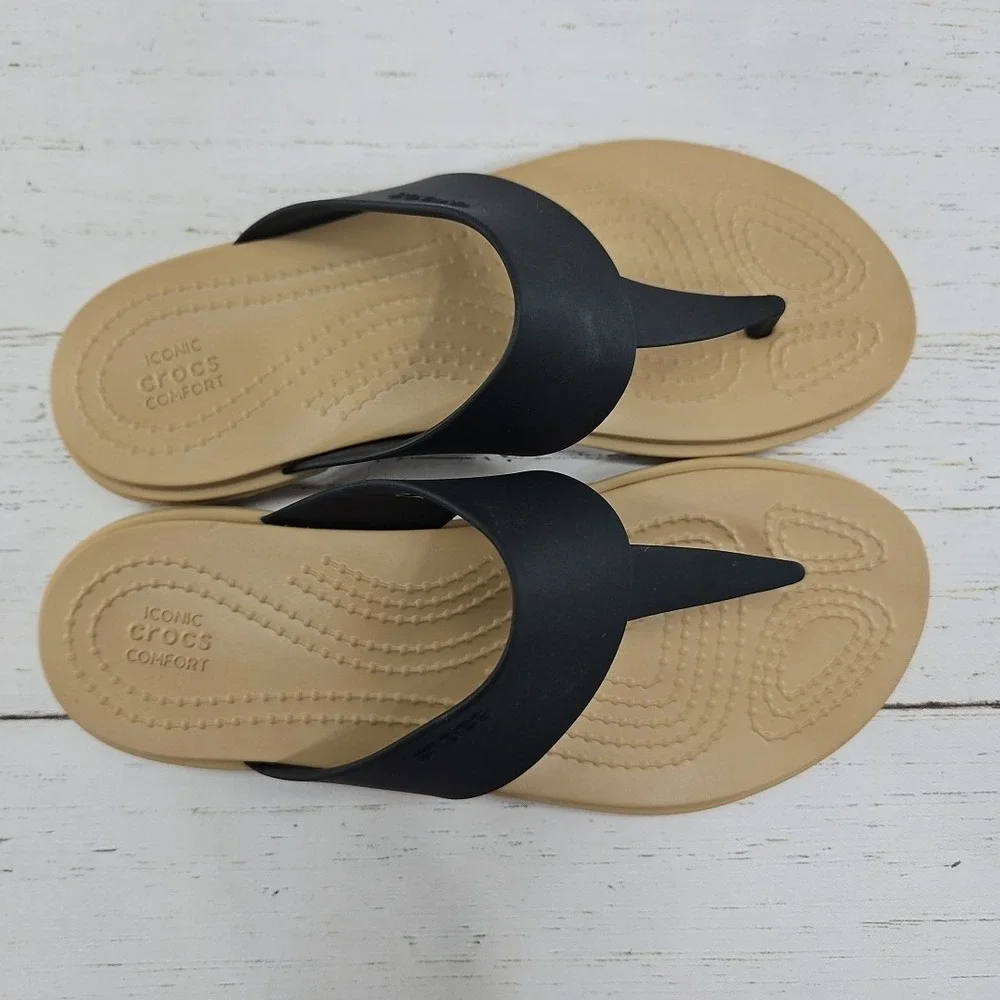 Crocs Tulum Womens Size 4 Black Flip Flop T Strap Slide Sandal‎ Beach 206752